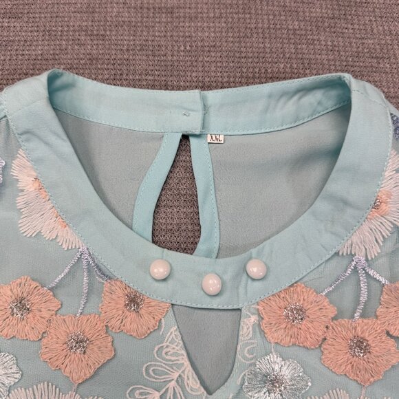 Floral Embroidered Sheer Overlay Tunic Blouse Keyhole Light Turquois Silver XXL - Picture 6 of 11
